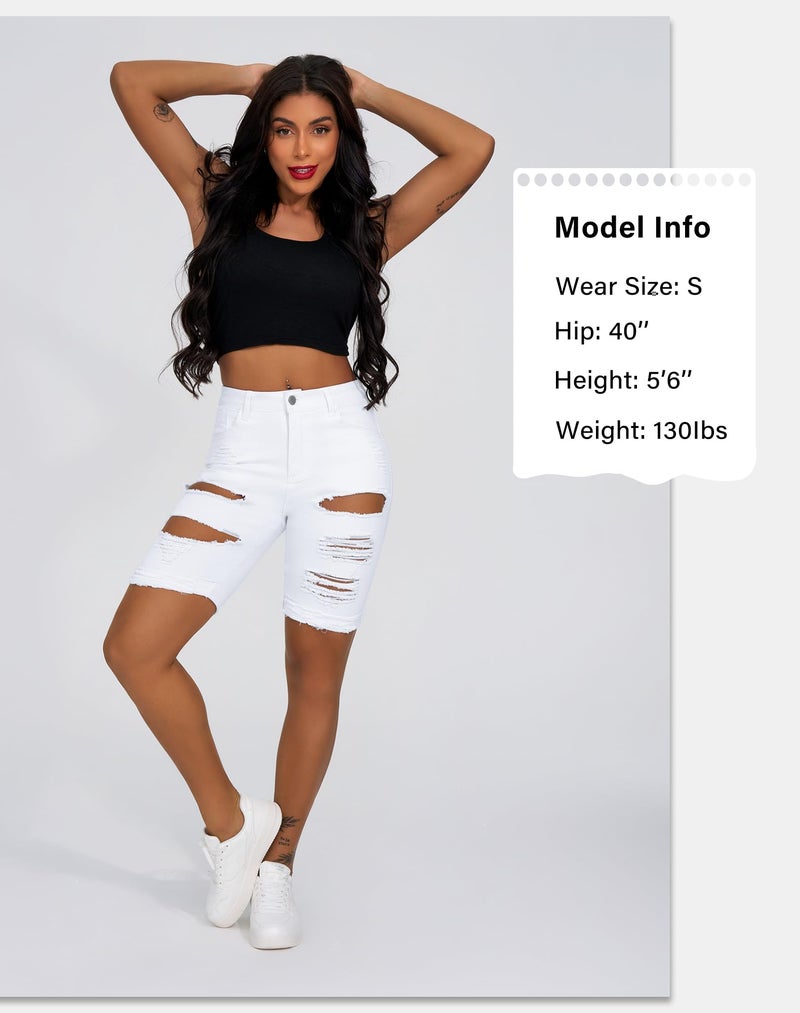 roswear Women's Ripped Denim Mid Rise Stretchy Bermuda Shorts Jeans White Medium - Image 3